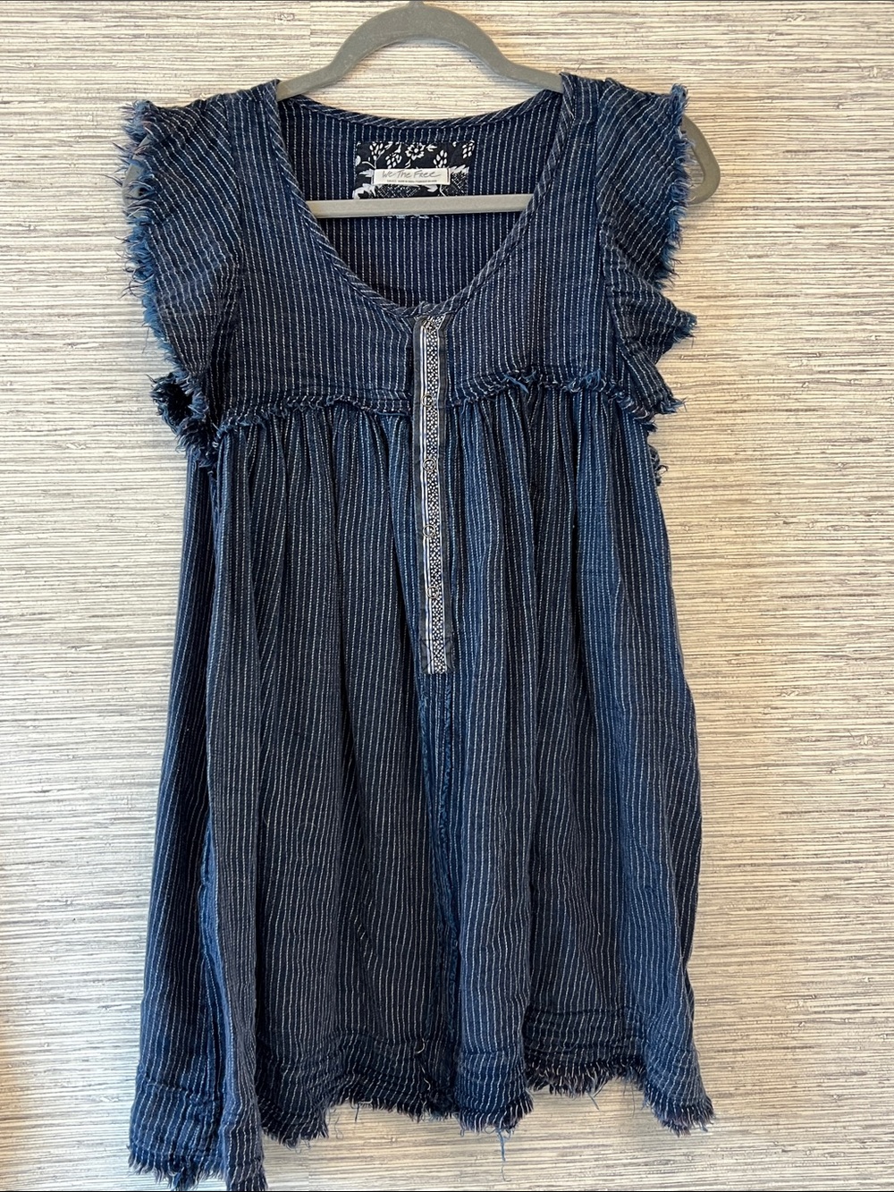 Free People Navy Pinstriped Ruffle-Sleeve Tunic